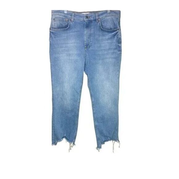 ZARA Distressed High Rise Cropped Straight Leg Jeans Raw Hem 5 pockets 12 #2794 - Picture 11 of 12